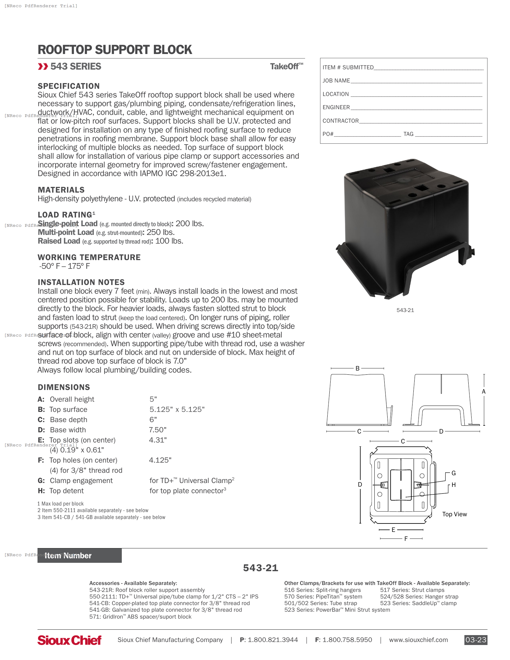 543-21 - TAKEOFF PIPE SUPPORT BLOCK - SPEC SHEET.PDF Specification Document